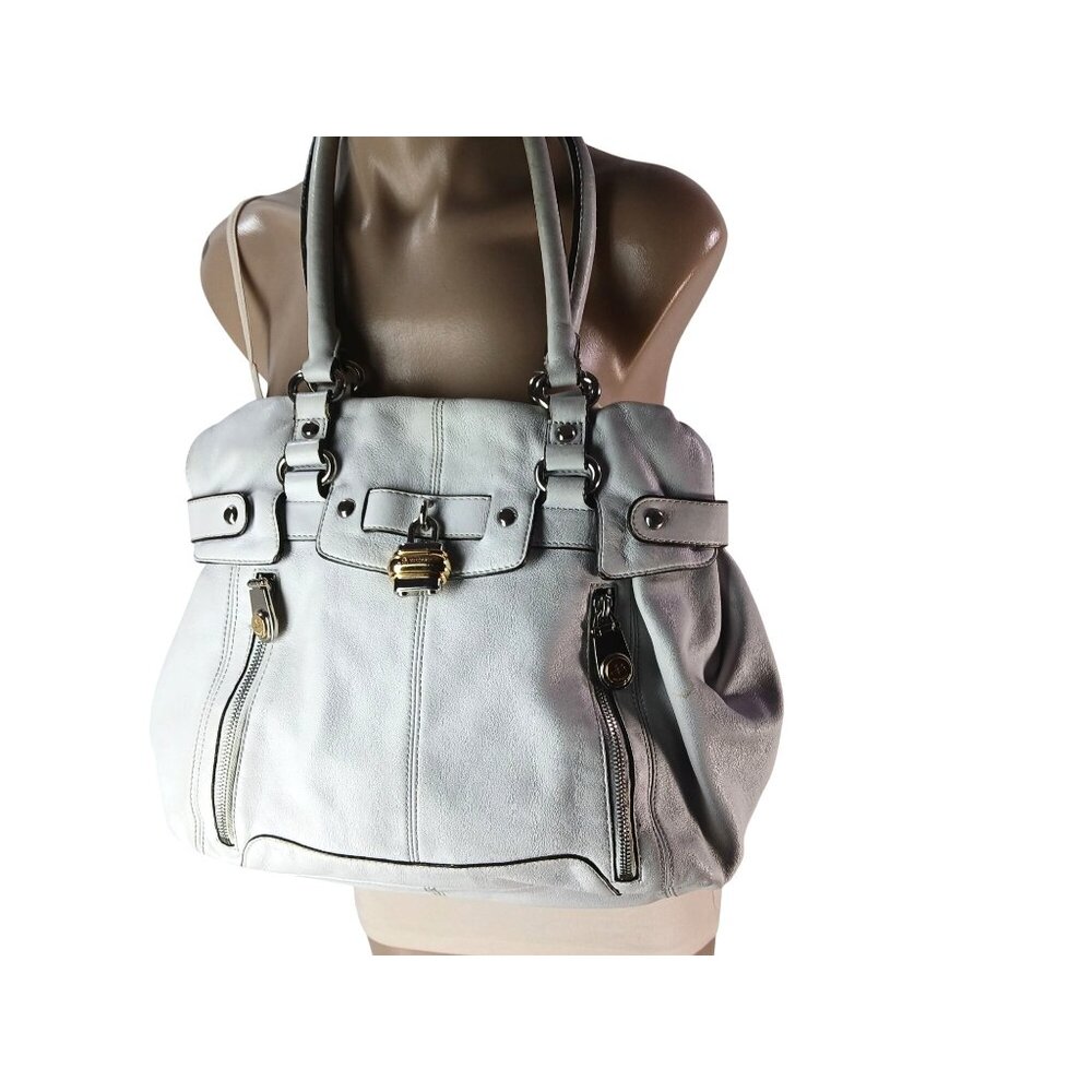 B Makowsky Gray Leather Handbag Purse Zipper Goldtone Lock Trim Signature Lined